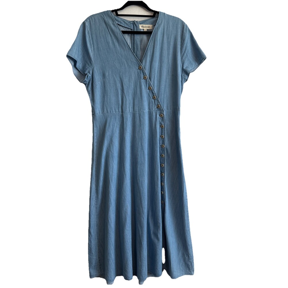Madewell Indigo Button Wrap Midi Dress Women's 10 Blue Soft Denim Cottagecore
